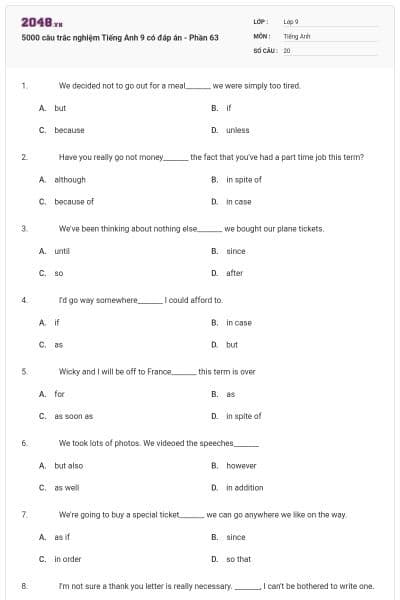 5000 câu trắc nghiệm Tiếng Anh 9 có đáp án - Phần 63