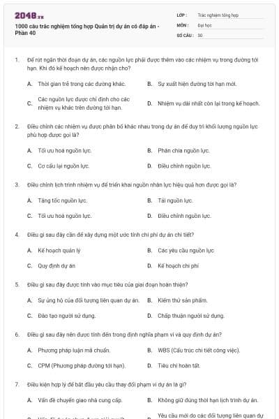 1000 câu trắc nghiệm tổng hợp Quản trị dự án có đáp án - Phần 40