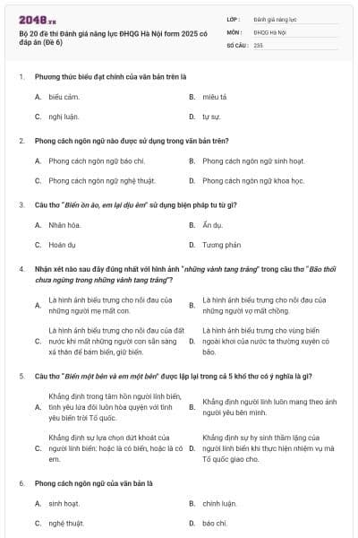 Bộ 20 đề thi Đánh giá năng lực ĐHQG Hà Nội form 2025 có đáp án (Đề 6)