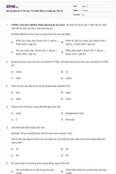 Đề thi giữa kì 2 Tin học 12 Cánh Diều có đáp án ( Đề 3)