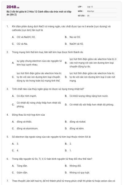 Bộ 3 đề thi giữa kì 2 Hóa 12 Cánh diều cấu trúc mới có đáp án (Đề 2)
