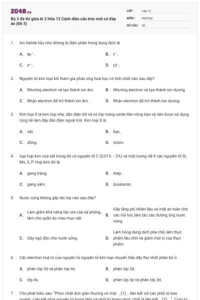Bộ 3 đề thi giữa kì 2 Hóa 12 Cánh diều cấu trúc mới có đáp án (Đề 3)