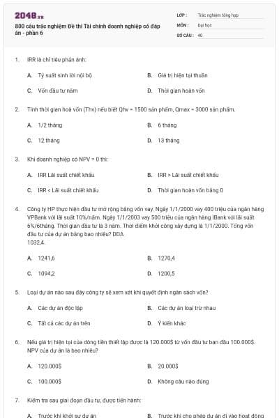 800 câu trắc nghiệm Đề thi Tài chính doanh nghiệp có đáp án - phần 6