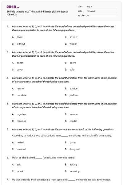 Bộ 5 đề thi giữa kì 2 Tiếng Anh 9 Friends plus có đáp án (Đề số 2)