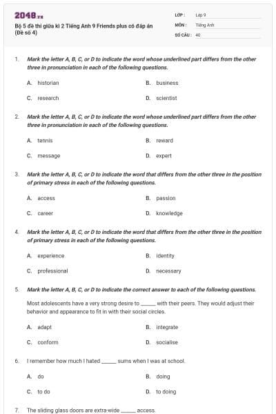 Bộ 5 đề thi giữa kì 2 Tiếng Anh 9 Friends plus có đáp án (Đề số 4)