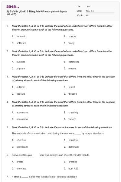 Bộ 5 đề thi giữa kì 2 Tiếng Anh 9 Friends plus có đáp án (Đề số 5)