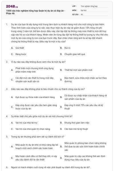 1000 câu trắc nghiệm tổng hợp Quản trị dự án có đáp án - Phần 46