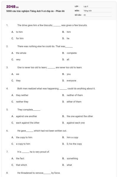 5000 câu trắc nghiệm Tiếng Anh 9 có đáp án - Phần 66