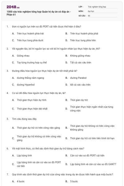 1000 câu trắc nghiệm tổng hợp Quản trị dự án có đáp án - Phần 61