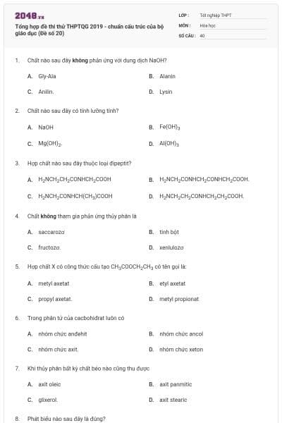 Tổng hợp đề thi thử THPTQG 2019 - chuẩn cấu trúc của bộ giáo dục (Đề số 20)