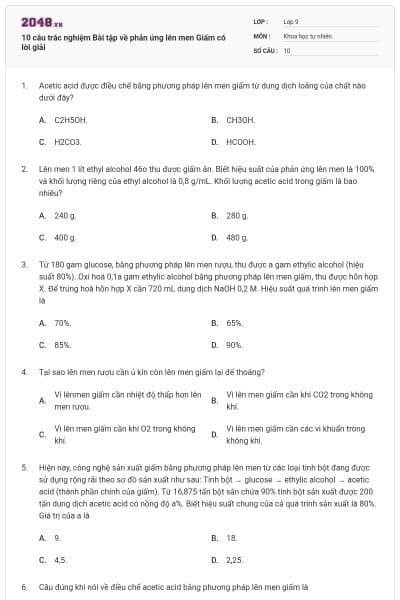 10 câu trắc nghiệm Bài tập về phản ứng lên men Giấm có lời giải