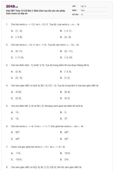 Giải SBT Toán 10 CD Bài 2: Biểu thức tọa độ của các phép toán vectơ có đáp án