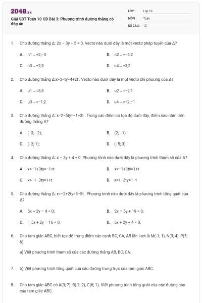 Giải SBT Toán 10 CD Bài 3: Phương trình đường thẳng có đáp án