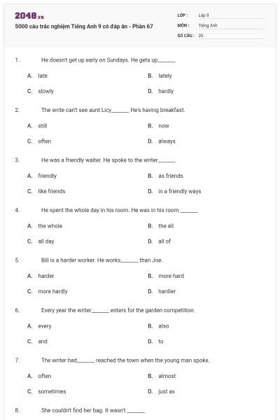 5000 câu trắc nghiệm Tiếng Anh 9 có đáp án - Phần 67