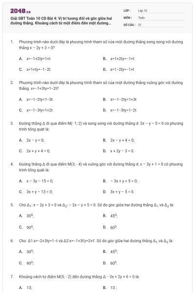 Giải SBT Toán 10 CD Bài 4: Vị trí tương đối và góc giữa hai đường thẳng. Khoảng cách từ một điểm đến một đường thẳng có đáp án