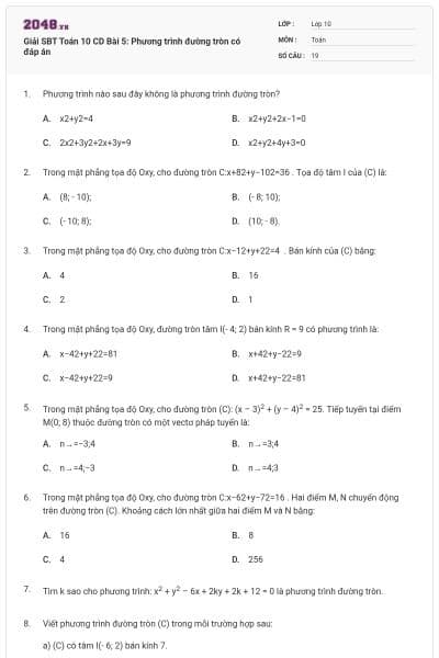 Giải SBT Toán 10 CD Bài 5: Phương trình đường tròn có đáp án