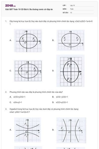 Giải SBT Toán 10 CD Bài 6: Ba đường conic có đáp án