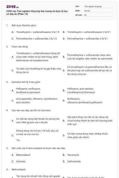 2300 câu Trắc nghiệm tổng hợp Đại cương về dược lý học có đáp án (Phần 15)