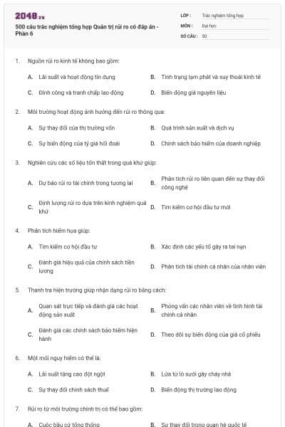500 câu trắc nghiệm tổng hợp Quản trị rủi ro có đáp án - Phần 6