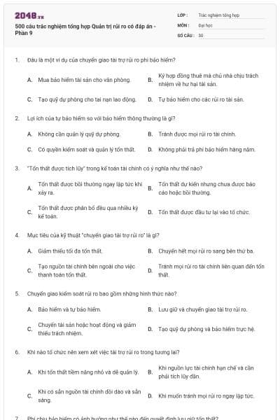 500 câu trắc nghiệm tổng hợp Quản trị rủi ro có đáp án - Phần 9