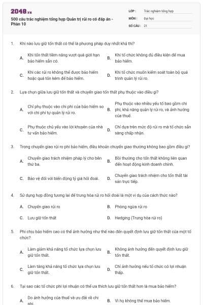 500 câu trắc nghiệm tổng hợp Quản trị rủi ro có đáp án - Phần 10
