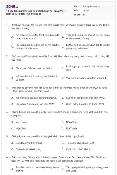 18 câu Trắc nghiệm tổng hợp Chính sách đối ngoại Việt Nam từ 1945 đến 1975 có đáp án