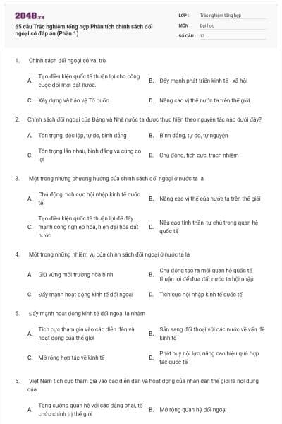 65 câu Trắc nghiệm tổng hợp Phân tích chính sách đối ngoại có đáp án (Phần 1)