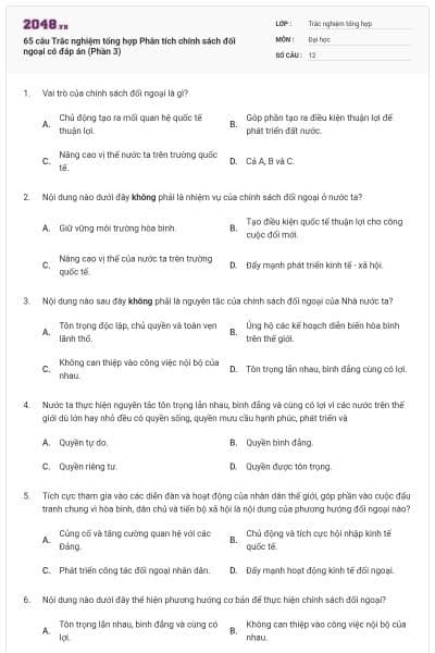 65 câu Trắc nghiệm tổng hợp Phân tích chính sách đối ngoại có đáp án (Phần 3)
