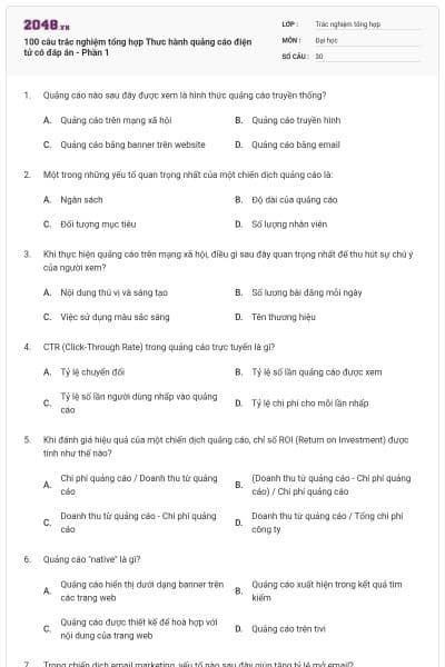 100 câu trắc nghiệm tổng hợp Thưc hành quảng cáo điện tử có đáp án - Phần 1