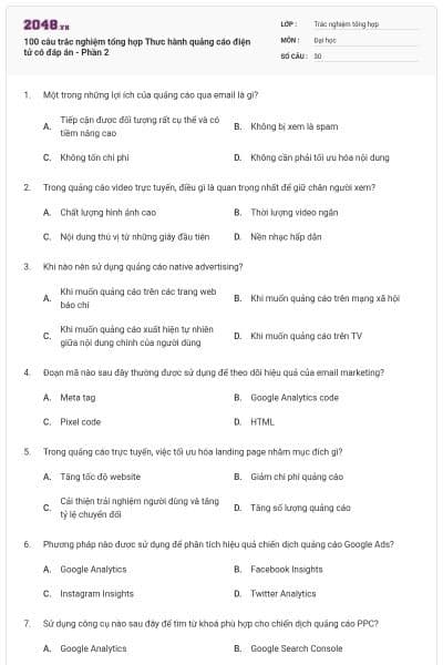 100 câu trắc nghiệm tổng hợp Thưc hành quảng cáo điện tử có đáp án - Phần 2
