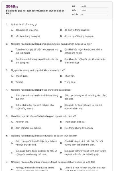 Bộ 2 đề thi giữa kì 1 Lịch sử 10 Kết nối tri thức có đáp án - Đề 2