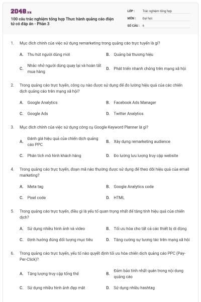 100 câu trắc nghiệm tổng hợp Thưc hành quảng cáo điện tử có đáp án - Phần 3