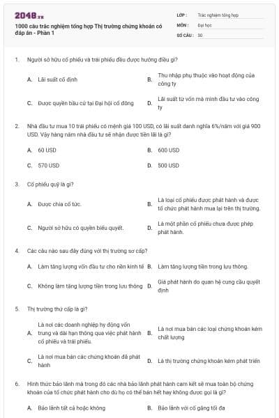 1000 câu trắc nghiệm tổng hợp Thị trường chứng khoán có đáp án - Phần 1