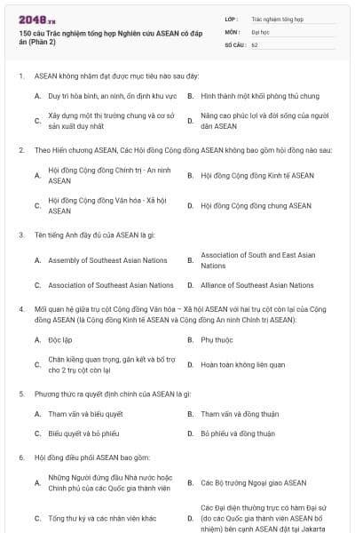 150 câu Trắc nghiệm tổng hợp Nghiên cứu ASEAN có đáp án (Phần 2)