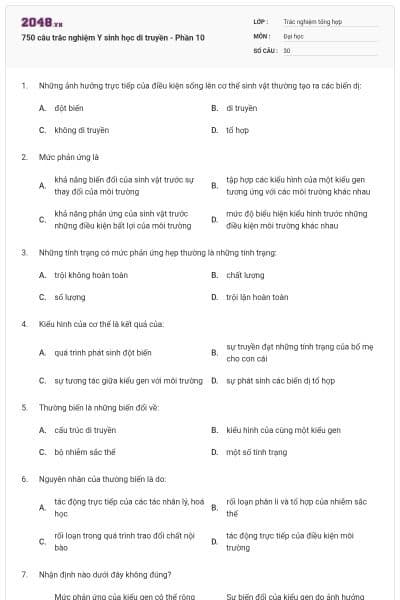 750 câu trắc nghiệm Y sinh học di truyền - Phần 10