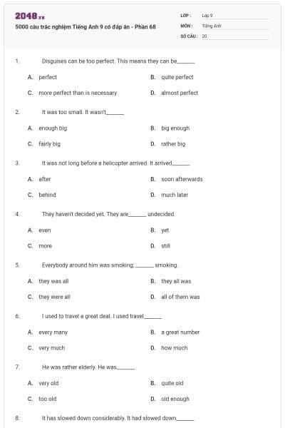 5000 câu trắc nghiệm Tiếng Anh 9 có đáp án - Phần 68