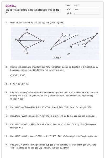 Giải SBT Toán 7 CD Bài 3. Hai tam giác bằng nhau có đáp án