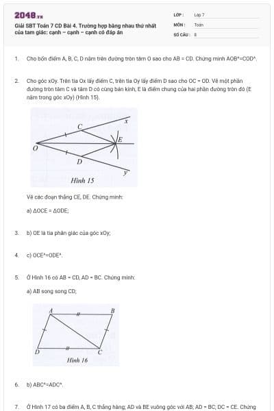 Giải SBT Toán 7 CD Bài 4. Trường hợp bằng nhau thứ nhất của tam giác: cạnh – cạnh – cạnh có đáp án