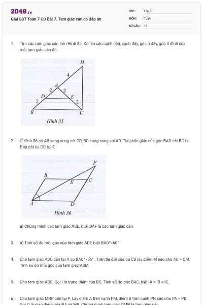 Giải SBT Toán 7 CD Bài 7. Tam giác cân có đáp án