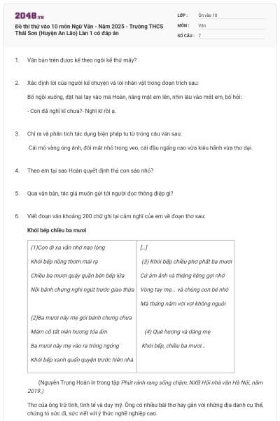Đề thi thử vào 10 môn Ngữ Văn - Năm 2025 - Trường THCS Thái Sơn (Huyện An Lão) Lần 1 có đáp án