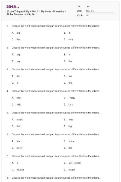 20 câu Tiếng Anh lớp 4 Unit 11: My home - Phonetics - Global Success có đáp án