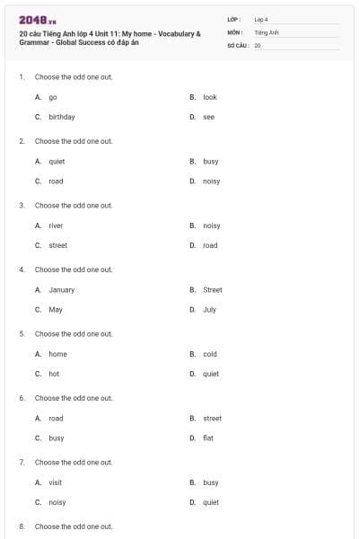 20 câu Tiếng Anh lớp 4 Unit 11: My home - Vocabulary & Grammar - Global Success có đáp án