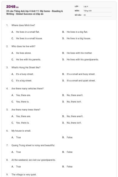 20 câu Tiếng Anh lớp 4 Unit 11: My home - Reading & Writing - Global Success có đáp án