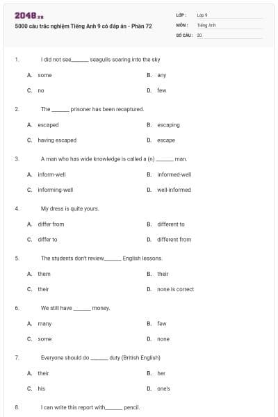 5000 câu trắc nghiệm Tiếng Anh 9 có đáp án - Phần 72