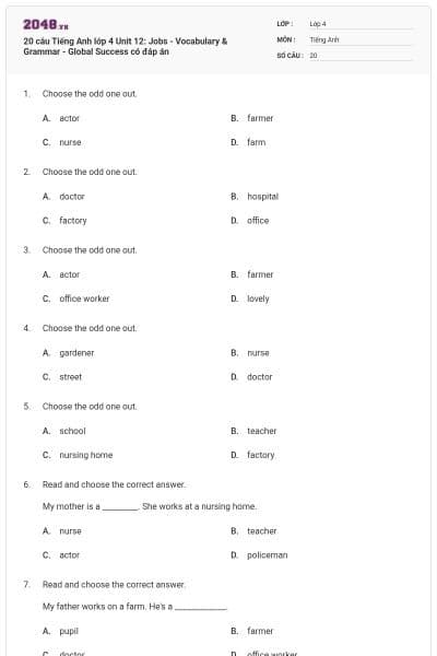 20 câu Tiếng Anh lớp 4 Unit 12: Jobs - Vocabulary & Grammar - Global Success có đáp án