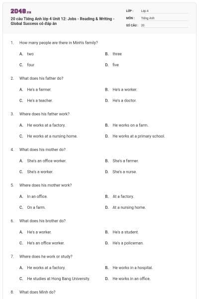 20 câu Tiếng Anh lớp 4 Unit 12: Jobs - Reading & Writing - Global Success có đáp án