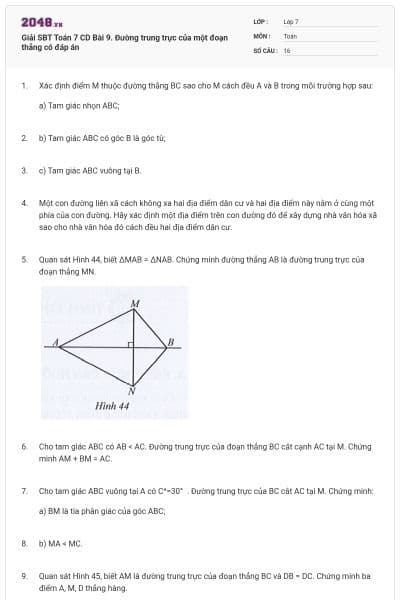 Giải SBT Toán 7 CD Bài 9. Đường trung trực của một đoạn thẳng có đáp án