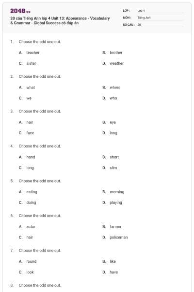 20 câu Tiếng Anh lớp 4 Unit 13: Appearance - Vocabulary & Grammar - Global Success có đáp án