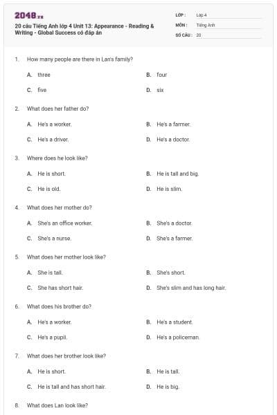 20 câu Tiếng Anh lớp 4 Unit 13: Appearance - Reading & Writing - Global Success có đáp án