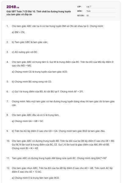 Giải SBT Toán 7 CD Bài 10. Tính chất ba đường trung tuyến của tam giác có đáp án